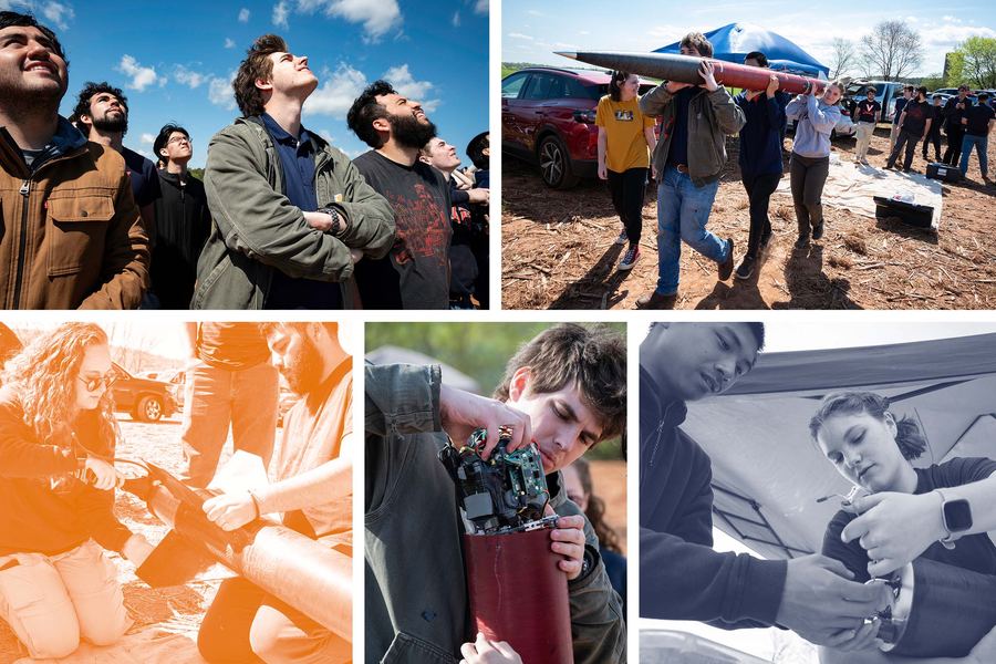 Collage of photos from the UVA rocketry team's competition