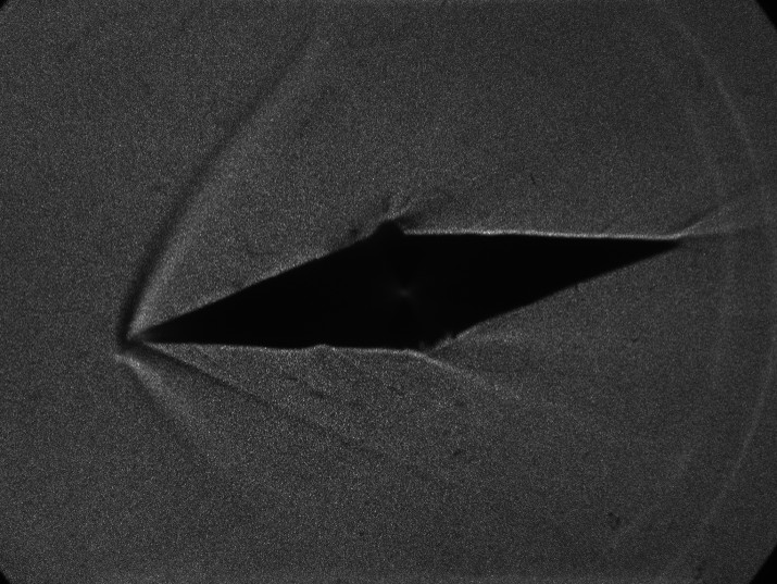 Shadowgraph image of shock waves around a wedge test article